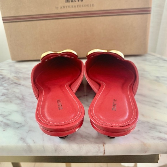 ❤️ ANTHROPOLOGIE Maeve Red Gold Heart Mule Kitten Heels Genuine Leather - Picture 9 of 12
